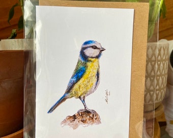 Cartão Bluetit – Feitado à mão – Arte em aquarela – Pássaro – Amante de pássaros – Natureza