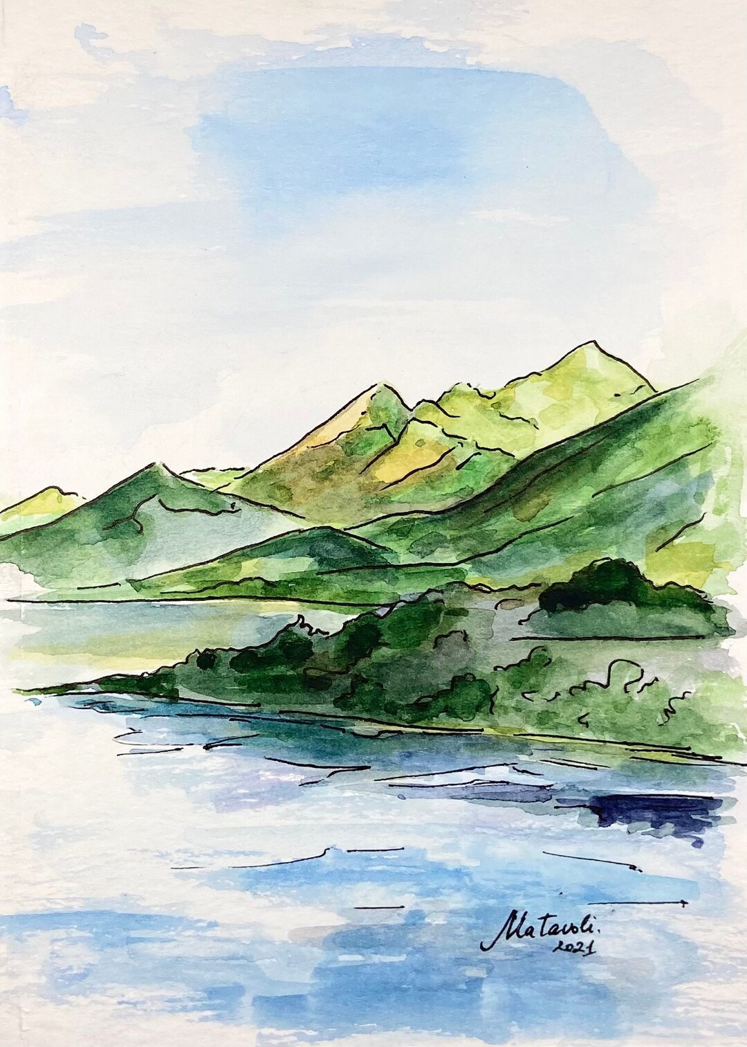 Watercolor Painting Wall Art Handmade Painting Mountains Landscape Art