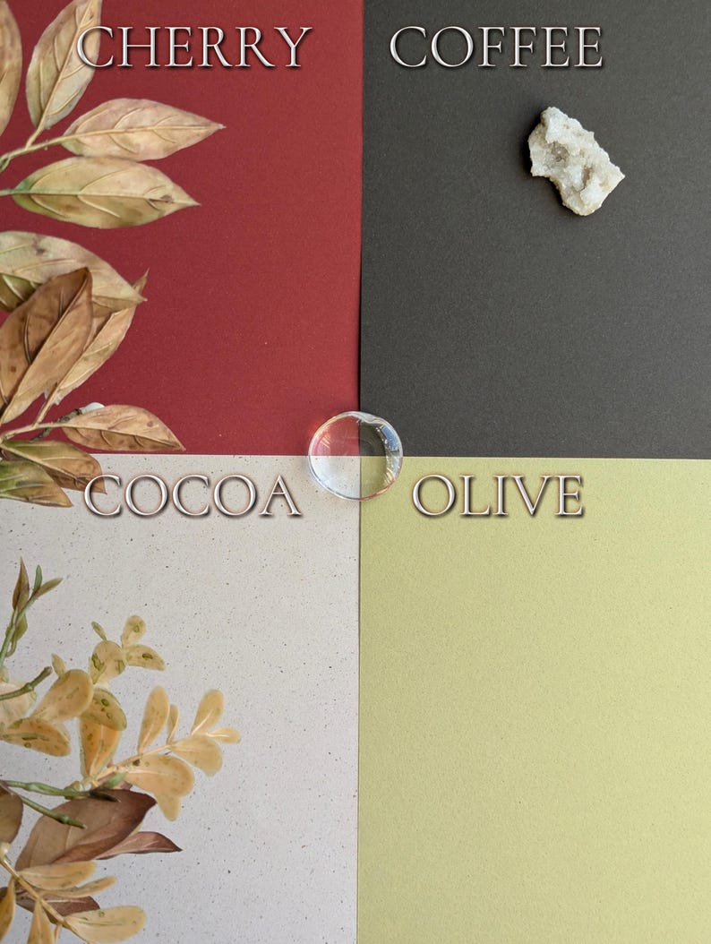 May include: A four-quadrant colour palette display featuring cherry red, coffee dark grey, cocoa beige with speckles, and olive green. The text CHERRY, COFFEE, COCOA, and OLIVE labels each section. A clear glass bead sits in the centre, with dried leaves on the left and a small white stone on the top right.