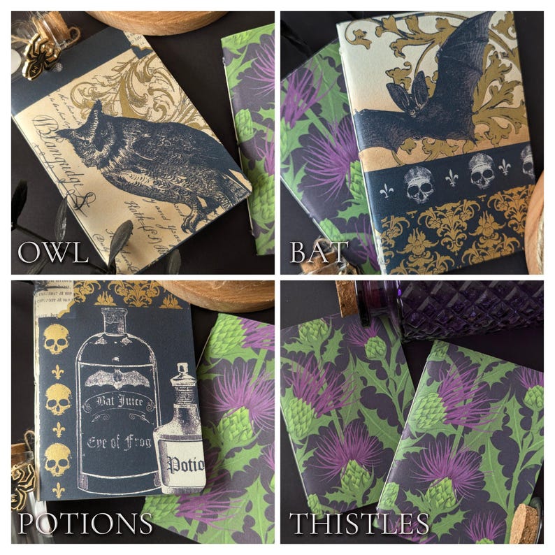 May include: Four notebooks with different designs. One features an owl, another a bat, a third has potion bottles, and the last displays thistles. Each notebook has a unique pattern and the word "OWL", "BAT", "POTIONS", and "THISTLES" are printed on the bottom.