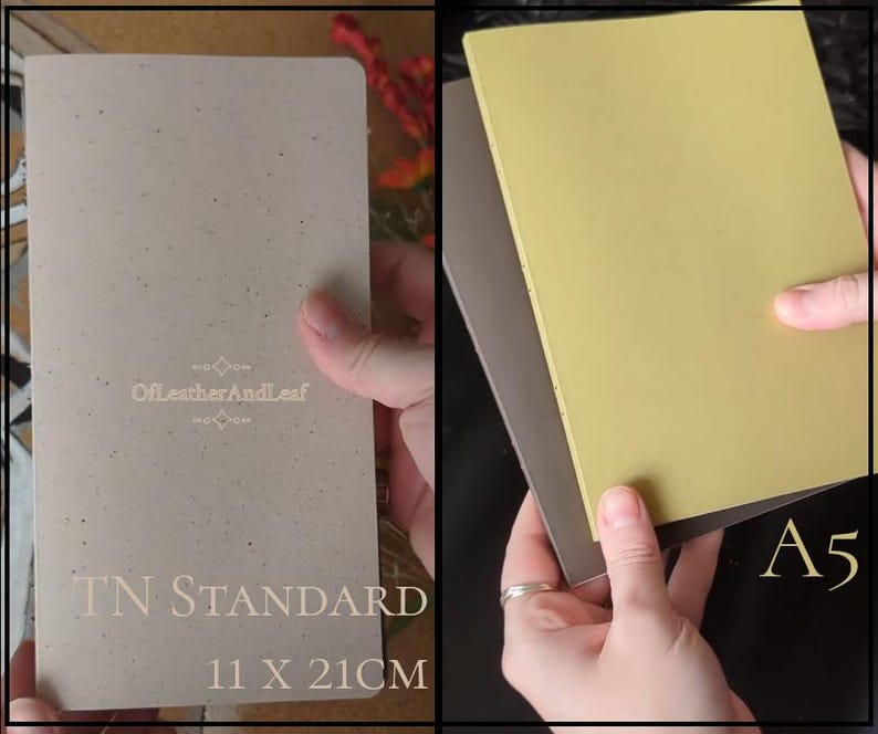 May include: A light beige speckled notebook labelled TN Standard 11 x 21cm with the text OffLeatherAndLeaf, alongside a yellow and dark grey notebook labelled A5. The notebooks are rectangular with clean edges and visible branding text.