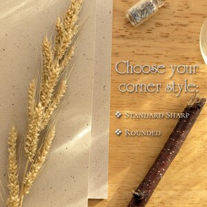 May include: A rustic-themed image featuring wheat stalks, a small glass bottle with a cork stopper, and a wooden stick. The text "Choose your corner style" is displayed, with options for "Standard Sharp" and "Rounded" corners.