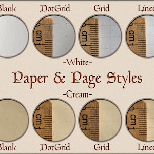 May include: A display of paper and page styles featuring white and cream options. Each style, including blank, dot grid, grid, and lined, is shown in a circular frame next to a wooden ruler measuring in centimetres to indicate the scale of the patterns.