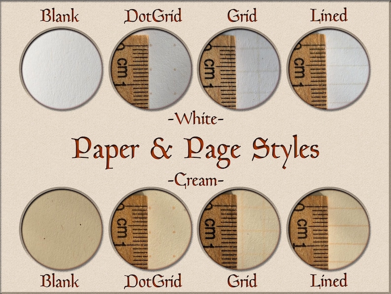 May include: A display of paper and page styles featuring white and cream options. Each style, including blank, dot grid, grid, and lined, is shown in a circular frame next to a wooden ruler measuring in centimetres to indicate the scale of the patterns.