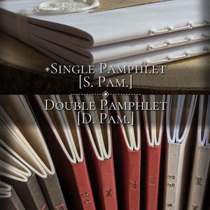 May include: A collection of hand-bound booklets featuring white paper covers with visible white stitching. The top section shows a single pamphlet with a white wax seal. The bottom section displays multiple double pamphlets in red, grey, and beige.