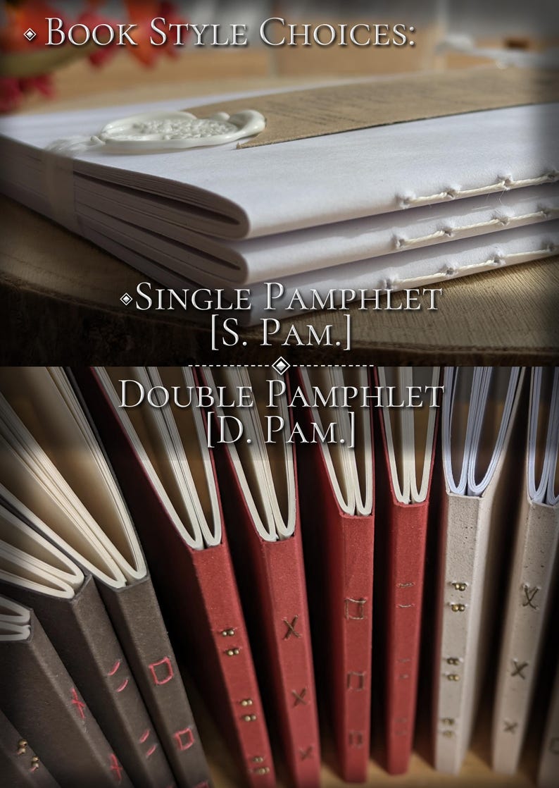 May include: A collection of hand-bound booklets featuring white paper covers with visible white stitching. The top section shows a single pamphlet with a white wax seal. The bottom section displays multiple double pamphlets in red, grey, and beige.