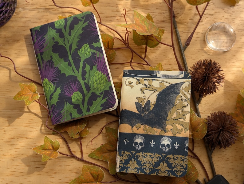 May include: Two small notebooks. One features a dark background with green leaves and purple thistle flowers. The other has a bat illustration with a decorative border of skulls and fleur-de-lis. Both are on a wooden surface.