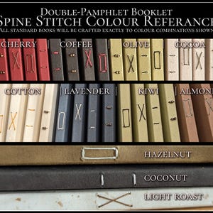 May include: A double-pamphlet booklet spine stitch colour reference chart displaying various book spines with distinct thread patterns and colours labelled Cherry, Coffee, Olive, Cocoa, Cotton, Lavender, Kiwi, Almond, Hazelnut, Coconut, and Light Roast.