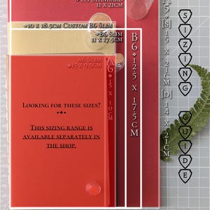 May include: A sizing guide chart featuring various rectangular paper sizes including TN Standard 11 x 21cm, Custom B6 Slim 10 x 18.5cm, B6 Slim 11 x 17.5cm, A6 Slim 15 x 9.5cm, A6 15 x 10cm, B6 12.5 x 17.5cm, A5 15 x 21cm, and D 14 x 21cm.