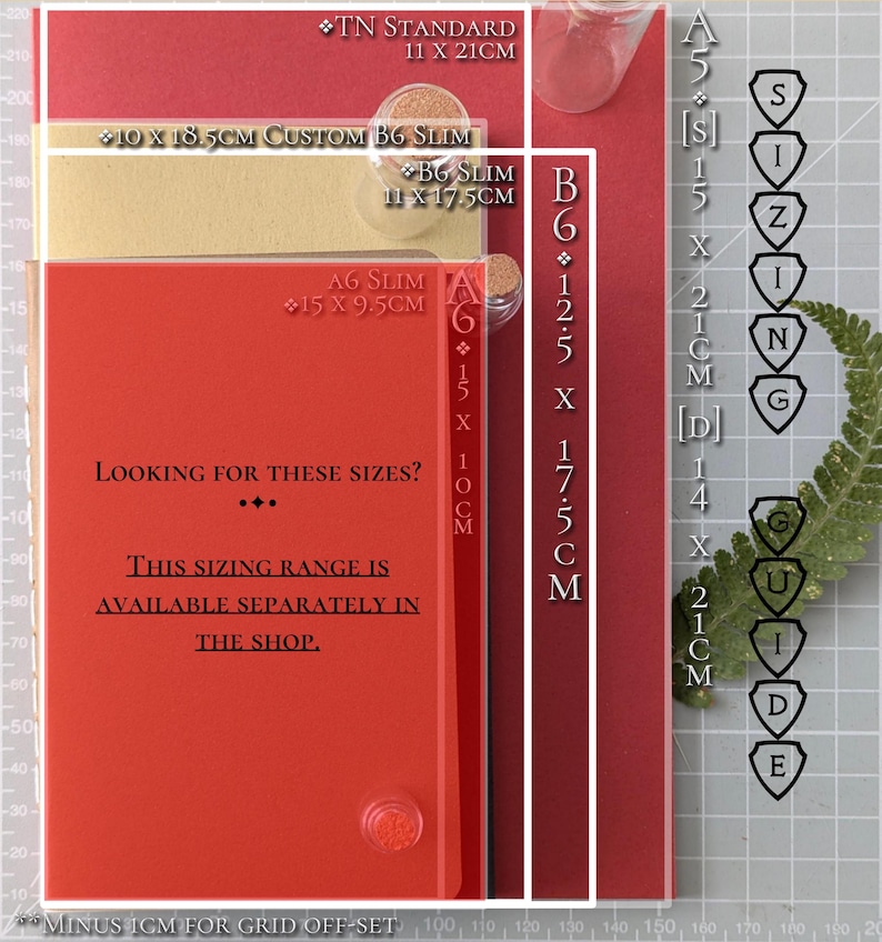 May include: A sizing guide chart featuring various rectangular paper sizes including TN Standard 11 x 21cm, Custom B6 Slim 10 x 18.5cm, B6 Slim 11 x 17.5cm, A6 Slim 15 x 9.5cm, A6 15 x 10cm, B6 12.5 x 17.5cm, A5 15 x 21cm, and D 14 x 21cm.