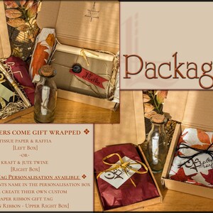 May include: Image showcasing gift packaging options. Boxes are filled with tissue paper, raffia, and kraft paper. A glass bottle with a cork stopper is visible. Text on the image reads "Packaging" and "All orders come gift wrapped."
