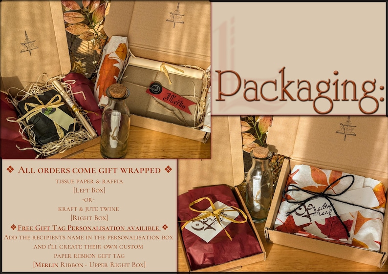 May include: Image showcasing gift packaging options. Boxes are filled with tissue paper, raffia, and kraft paper. A glass bottle with a cork stopper is visible. Text on the image reads "Packaging" and "All orders come gift wrapped."