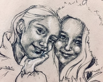 Small custom hand drawn pencil portrait sketch, Mini Portraits, Personalized Portrait Gift