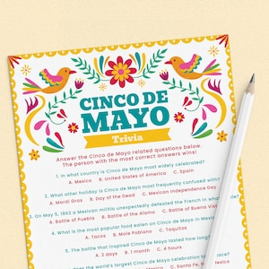Juego de trivia del Cinco de Mayo imprimible Juego del Cinco de Mayo para adultos Descarga instantánea Trivia con respuestas Cuestionario de trivia mexicana Fiesta de oficina VM1