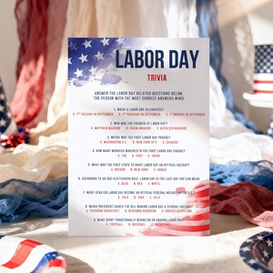May include: A rectangular Labor Day trivia game card featuring a watercolor-style American flag design in red, white, and blue. The card includes the title Labor Day Trivia and nine multiple-choice questions about the history of the holiday.