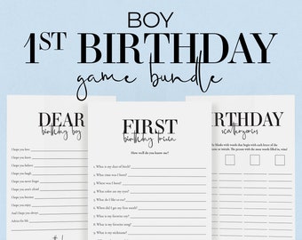 Boy First Birthday Party Games Bundle Printable Boys 1st Birthday Ideas One Year Old Boy Birthday Wishes Baby's First Birthday Trivia MB2