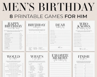 Mens Birthday Party Games for Him Printable Adult Birthday Games for Men Black and White Birthday Games Bundle 40 45 50 55 60 65 70 75 MB2