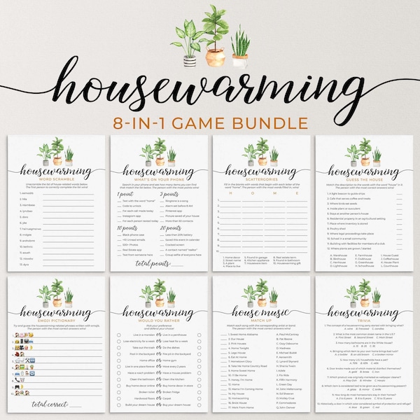 Housewarming Party Games Printable Housewarming Games Greenery New House Party Game Bundle New Homeowner Games New Apartment Party Ideas PL1