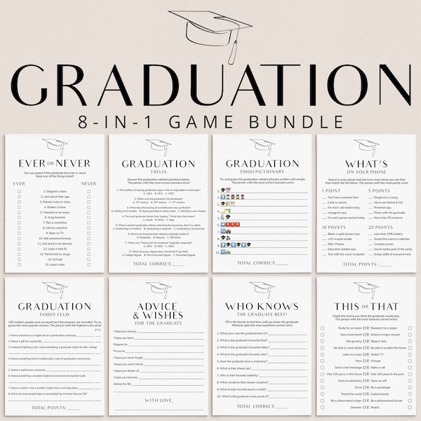 Simple Graduation Party Games Printable Modern Grad Games Class of 2026 Graduation Games Download Graduation Wishes Grad Party Trivia GC1