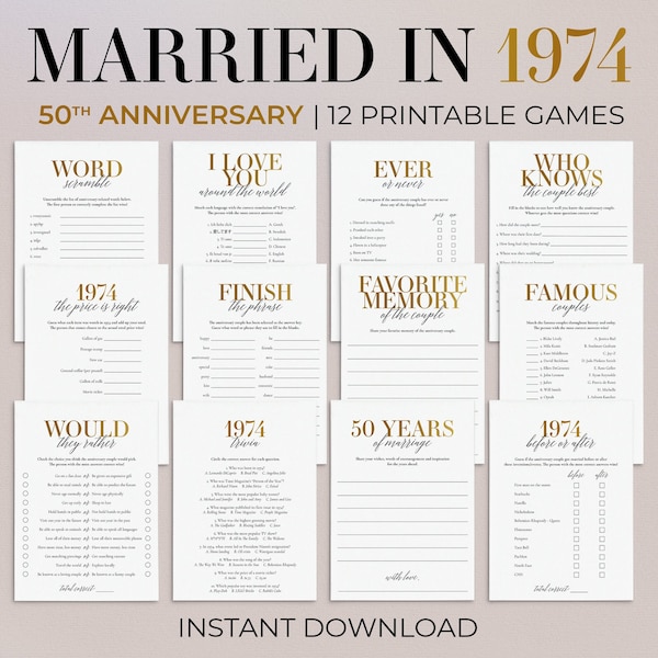 50th Anniversary Party Games Printable Married in 1974 Games Bundle Gold Wedding Anniversary 50 Years Married 1974 Party 50 Anniversary MB2