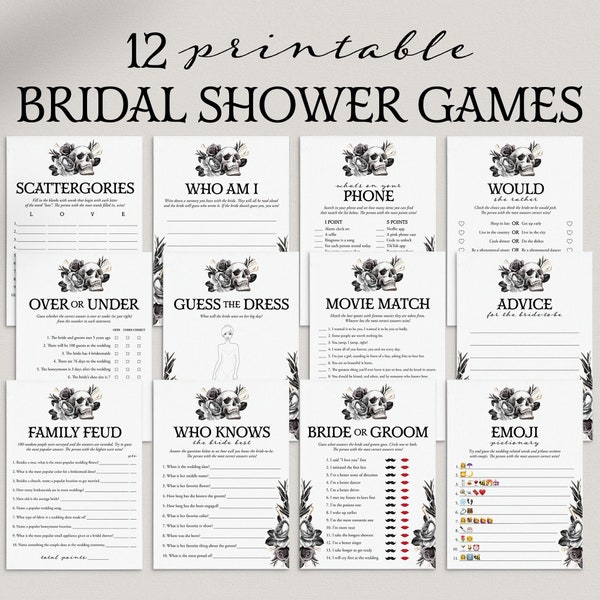 Bride or Die Bridal Shower Games Bundle Printable Til Death Party Games Gothic Black Floral Skull Bridal Games Goth Bridal Family Feud FS1