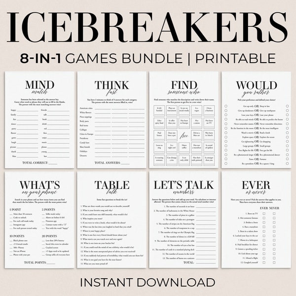 Icebreaker Games Bundle Printable Conversation Cards Dinner Party Starters Icebreaker Questions Table Talk Adult Icebreaker Bingo Cards MB2