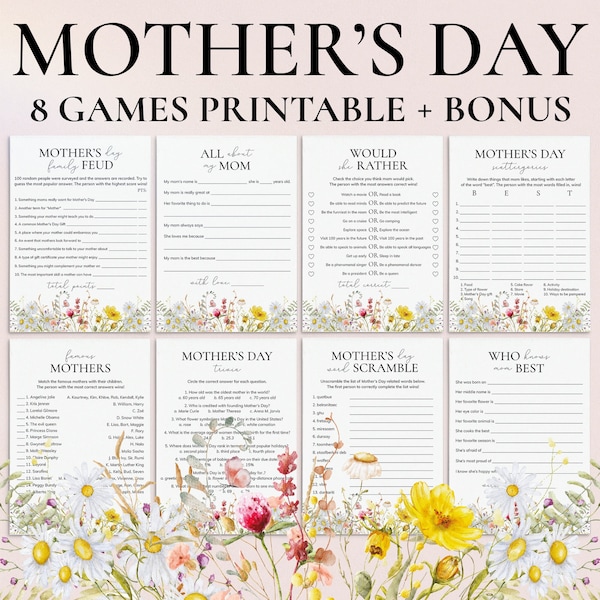Mothers Day Game Bundle Printable Mother's Day Party Games Mom Family Games and Activities Mothers Day Brunch Mother's Day Dinner Party WM1