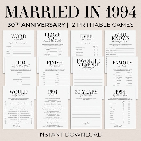 30th Anniversary Games Printable Married in 1994 Games Bundle Parents Anniversary 30 Years Marriage 1994 Quiz Pearl Anniversary Party MB2