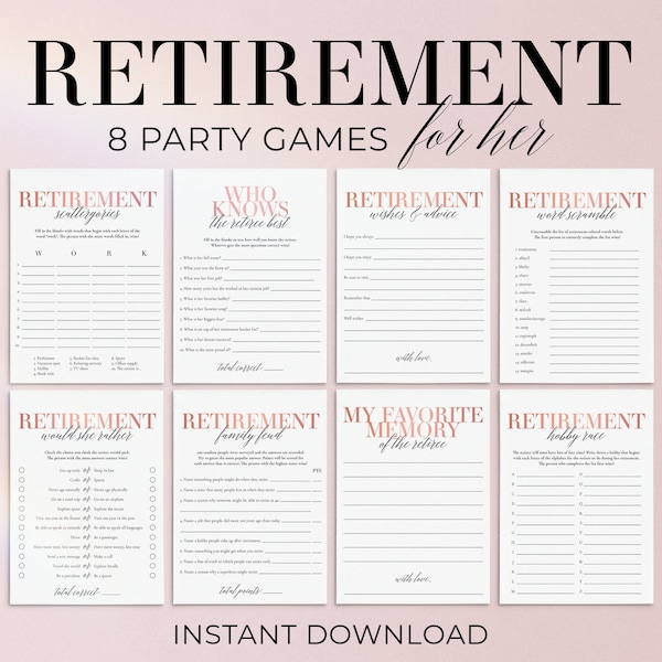 Retirement Party Games for Her Printable Retirement Games Womens Retirement Cards Retirement Decorations Modern Blush Wishes for Retiree MB2