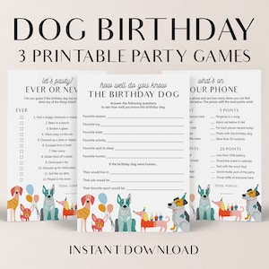 Dog Birthday Games Bundle Printable Puppy First Birthday Pawty Dog Birthday Party Activities Ever or Never Who Knows Dog Best Phone Game LP1
