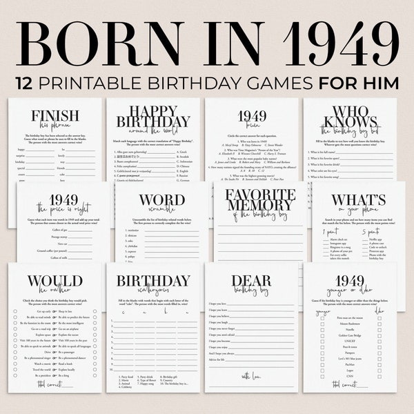 75th Birthday Games for Him Men's 75th Birthday Party Games Fun Adult Birthday Games for Men Back in 1949 Trivia 75 Years Birthday Dad MB2