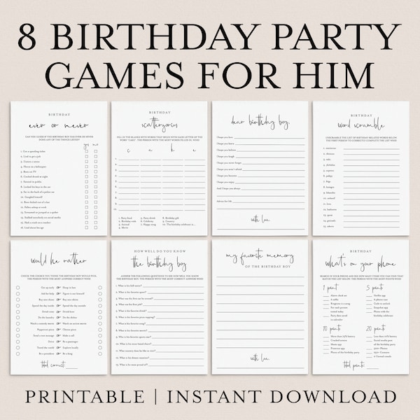 Mens Birthday Games For Him Printable Adult Birthday Game Bundle For Him Download Fun Birthday Guy Games 25th 30th 35th 40th 50th 60th MM1