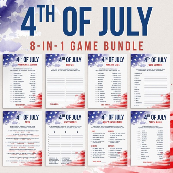 4th of July Games Bundle Instant Download 4th July Party Games Printable Red White Blue Games Family USA Party Patriotic America Games PP1