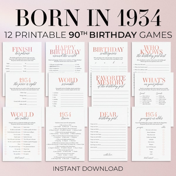 90th Birthday Games for Her Born in 1934 Birthday Games Womens Birthday Party Games Back in 1934 Trivia Printable 90 Birthday Grandma MB2