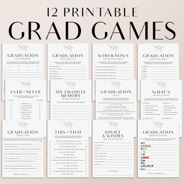 Modern Minimalist Graduation Games Bundle Printable 2024 Grad Party Games and Activities High School College Senior Grad Games Download GC1