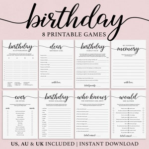 8 Birthday Games Printable Calligraphy Script Birthday Games for Her Birthday Party Games Adult Birthday Wishes for Birthday Girl Cards MC1