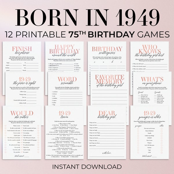 75th Birthday Games for Her Born in 1949 Birthday Party Games 75 Birthday Printables Blush Bday Woman Back in 1949 75 Birthday Grandma MB2