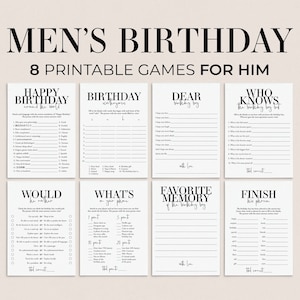 Mens Birthday Party Games for Him Printable Adult Birthday Games for Men Black and White Birthday Games Bundle 40 45 50 55 60 65 70 75 MB2