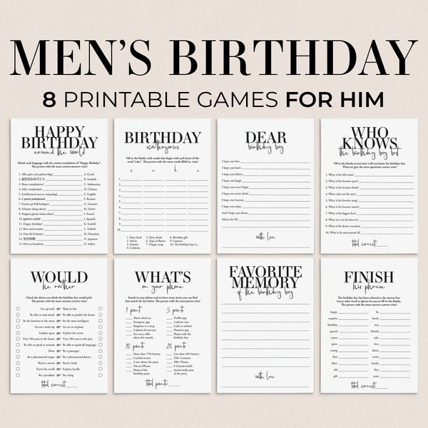 Mens Birthday Party Games for Him Printable Adult Birthday Games for Men Black and White Birthday Games Bundle 40 45 50 55 60 65 70 75 MB2