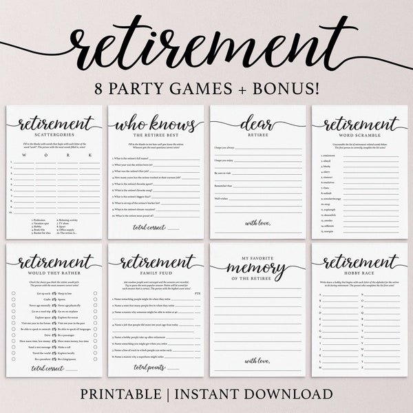 Retirement Games Printable Calligraphy Retirement Game Bundle Family Retirement Party Games Work Retirement Wishes for the Retiree Cards MC1