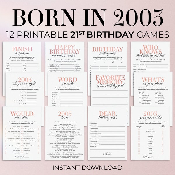 21st Birthday Games for Her Born in 2003 Birthday Games Rose Gold Bday Party Back in 2003 Trivia Y2K Printable 21st Birthday Daughter MB2