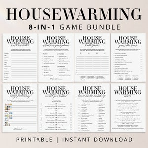 May include: A printable 8-in-1 housewarming game bundle with black text on a white background. The games include: word scramble, what's on your phone, scattergories, guess the house, emoji pictionary, would you rather, house music match up, and trivia.