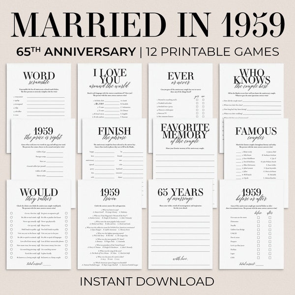 65th Anniversary Games Printable Married in 1959 Games Bundle Blue Sapphire Anniversary 65 Years Married 1959 Party 65 Anniversary Ideas MB2