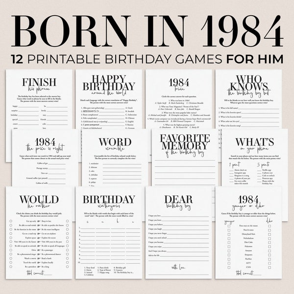 40th Birthday Games for Him Born In 1984 Men's 40th Birthday Ideas Guy Printable Adult Birthday Party Turning 40 Party 1984 Trivia Games MB2