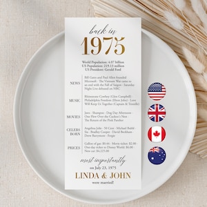 Decoraciones para la fiesta del 50.º aniversario Tarjetas para la cena del 50.º aniversario Tarjetas de mesa para la boda del 50.º aniversario en 1975 Regalo para la fiesta del 50.º aniversario en 1975