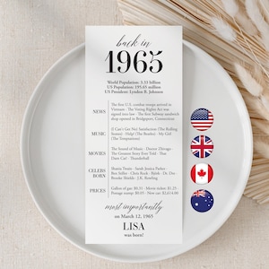 Decoraciones para fiestas de cumpleaños número 60 Tarjetas de lugar para cumpleaños número 60 Tarjetas de mesa para 60 cumpleaños nacidos en 1965 Regalo de cumpleaños número 60 para ella para él en 1965