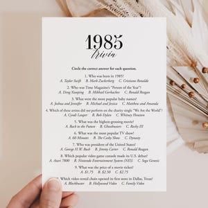 1985 Quiz Printable Fun Facts About 1985 40th Birthday Game Trivia Back to the 80s Party Games Married in 1985 Reunion Class of &#39;85 PDF MB2