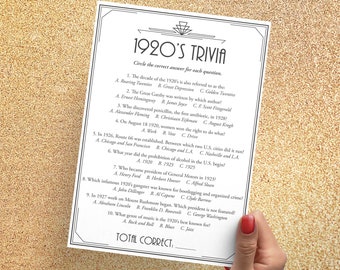 1920s Trivia Printable 1920's Gatsby Party Game Speakeasy Party Decor Great Gatsby Birthday Quiz Roaring 20s Games Art Deco New Years AD1