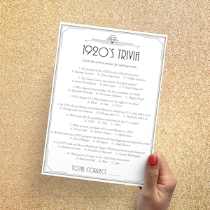 1920s Trivia Printable 1920&#39;s Gatsby Party Game Speakeasy Party Decor Great Gatsby Birthday Quiz Roaring 20s Games Art Deco New Years AD1