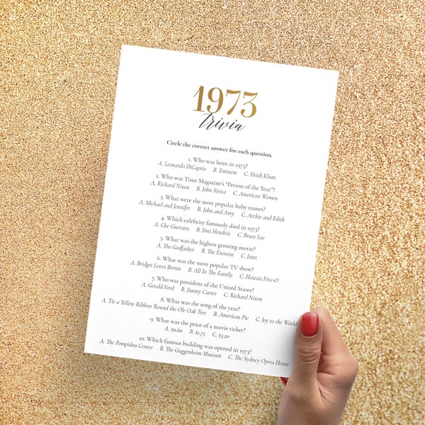 1973 Trivia Quiz Printable Gold 50th Birthday Party Game Born in 1973 Over The Hill 50th Bday Bash Married in 1973 50 Years Fun Facts MB2